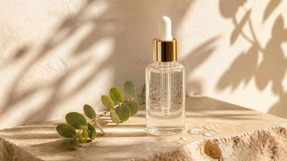 Clear hydrating serum dropper bottle with drops of gel on warm travertine stone