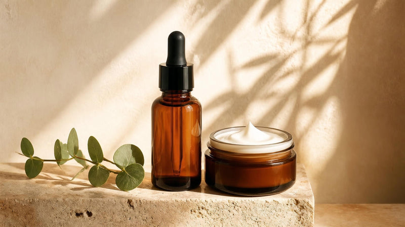 Amber dropper serum bottle beside an open jar of moisturizer cream on warm travertine stone