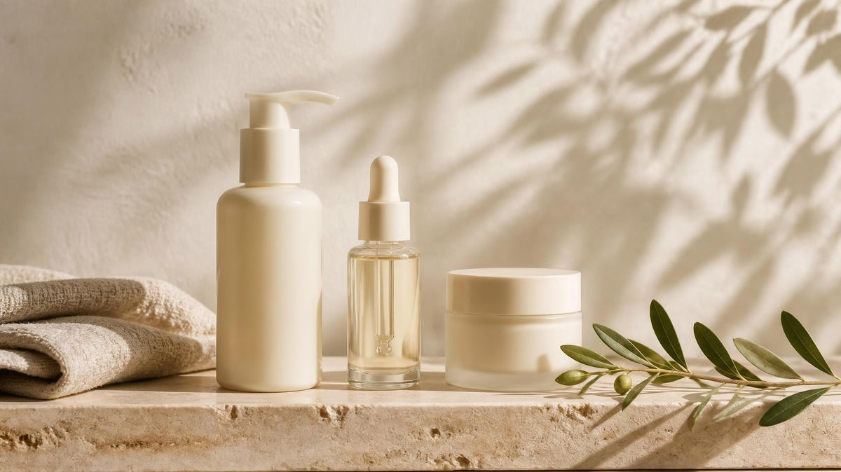 A simple skincare routine: cleanser, serum and moisturizer in a row on travertine stone