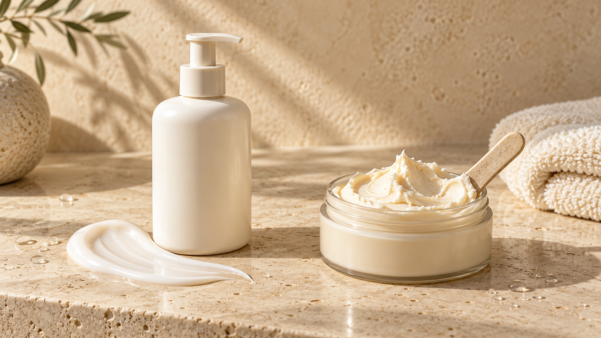 Ivory body lotion bottle beside an open jar of thick body butter on a warm stone surface