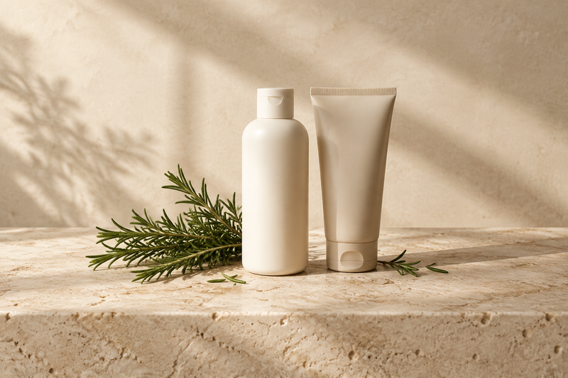 Fresh rosemary sprigs beside a cream shampoo bottle and a beige conditioner tube on warm travertine stone