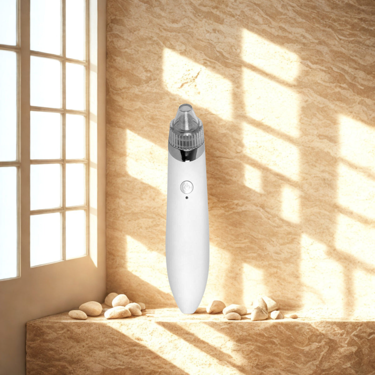 Vacuum Pore Cleanser in White on a travertine stone ledge in warm window light