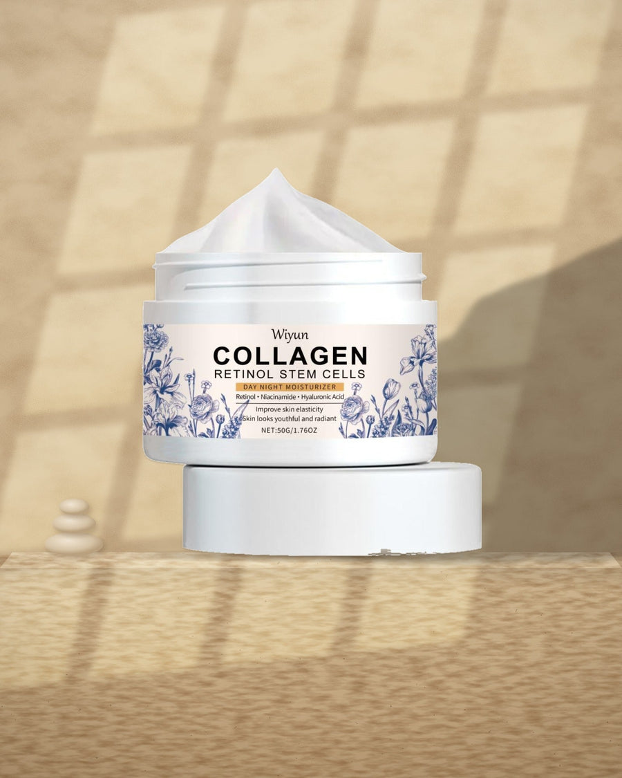 Collagen & Retinol Moisturizer on a travertine ledge in window light