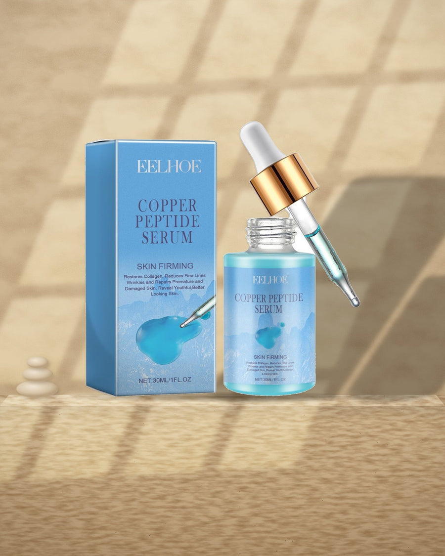 Copper Peptide Serum on a travertine ledge in window light