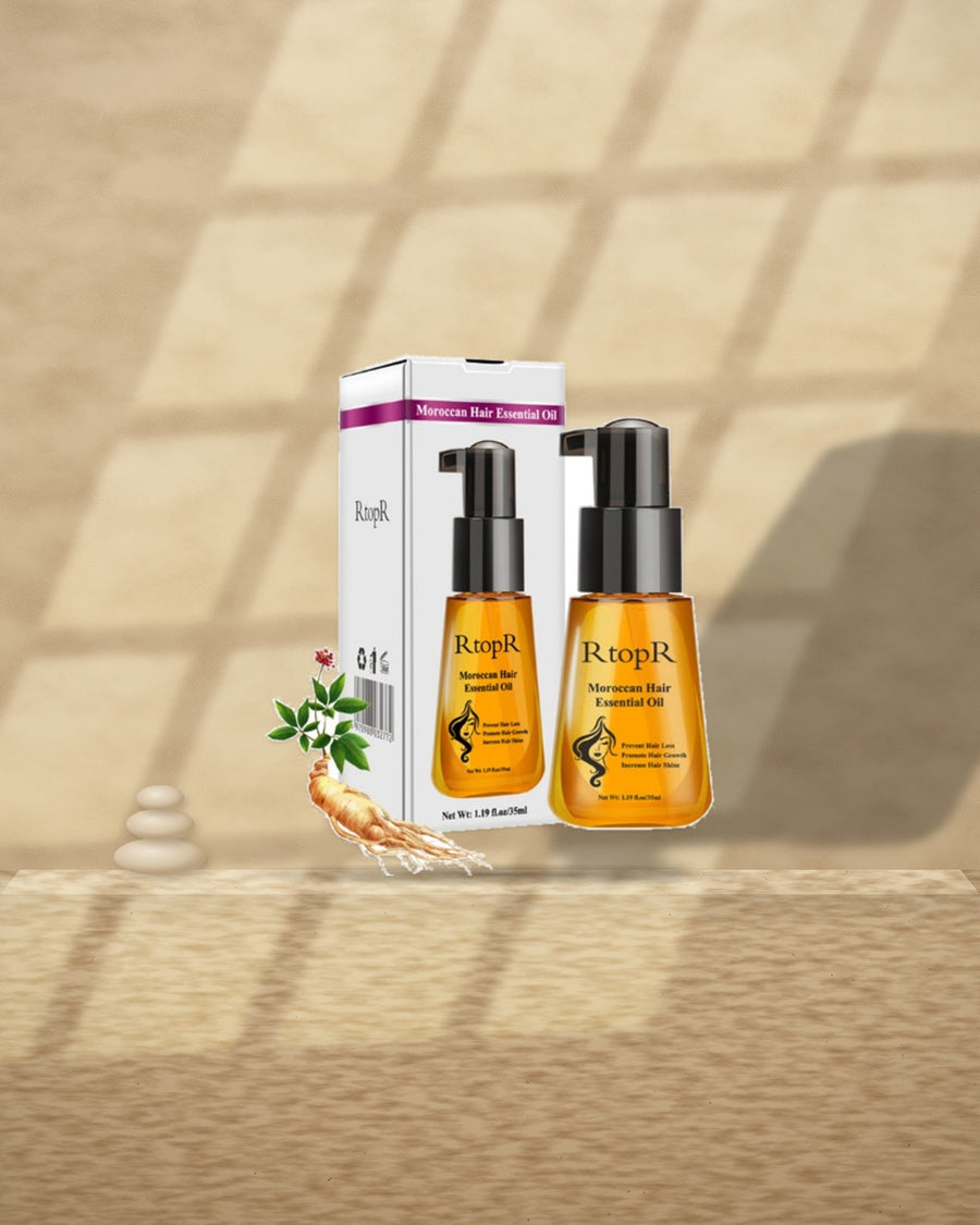 Moroccan Hair Oil on a travertine ledge in window light