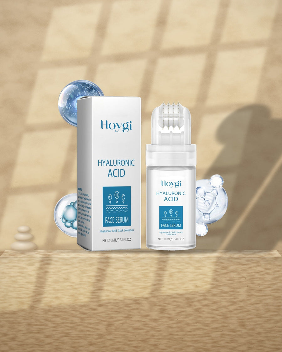 Hyaluronic Acid Serum on a travertine ledge in window light