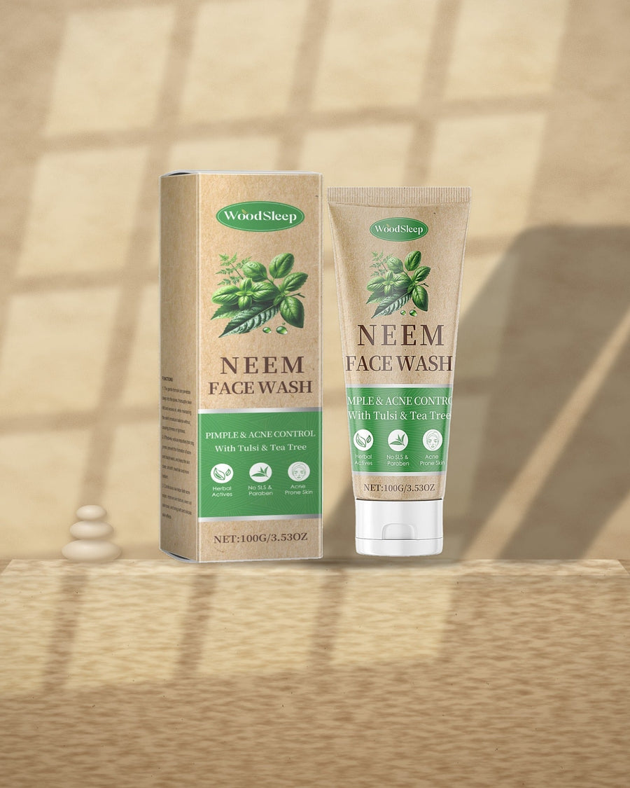 Neem Face Wash on a travertine ledge in window light