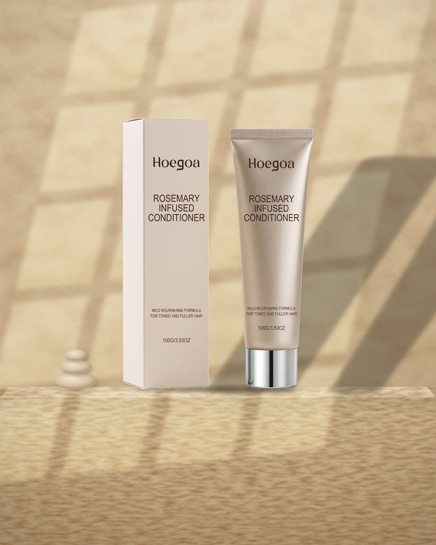 Rosemary Conditioner on a travertine ledge in window light